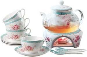 Jusalpha Fine China Tea Sets Vintage Rose Flower Series Coffee Cup-Teacup Saucer Spoon Set with Teapot Warmer & Filter (Rose Glass pot 03)