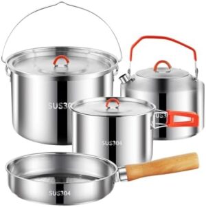 Camping Cookware Set,Camping Cooking Set,304 Stainless Steel Camping Pots and Pans Set,Durable Camping Gear with Kettle for Hiking Outdoor Cooking Picnics