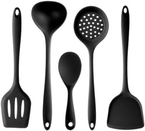 Silicone Cooking Utensils Set, Silicone Kitchen Cooking Utensils Set of 5, High Heat Resistant Long Kitchen Tools, Heat Resistant Silicone Kitchen Utensils for Cooking (Black)