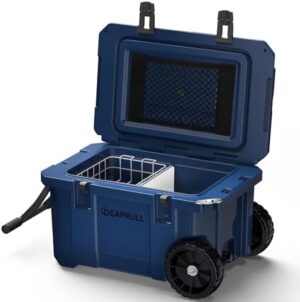 55 Quart Cooler with Wheels, Ice Chests Portable Camping Cooler Holds Ice up to 6 Days, Leak-Proof Outdoor Insulated Cooler with Handle, Cup Holders, Hard Cooler for Camping, Beach, Boat, Navy Blue