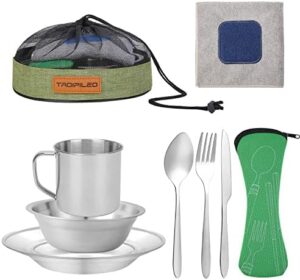 Camping Cutlery Set, 8 Piece Stainless Steel Cutlery Set Including Cutlery Spoons Mug Bowls & Plates Rags, Organizer Straps Easy to Carry for Backpacking, Camping, Hiking and Picnics