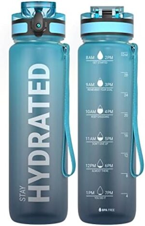 Sahara Sailor Water Bottles, 32oz Motivational Sports Water Bottle with Time Marker - Times to Drink - Tritan, BPA Free, Wide Mouth Leakproof, Fast Flow Technology with Clean Brush (1 Pack)