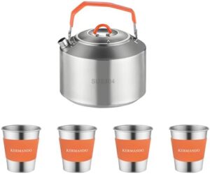 Camping Kettle Set, 1.5L Stainless Steel Kettle with 4 Stackable 300ML Cups, Anti-Scald Handle, Removable Silicone Covers, and Mesh Bag - ideal for Boiling Water and Making Coffee Outdoors