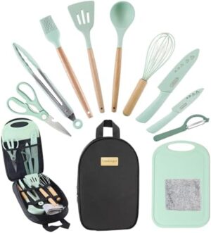 Camping Essentials Cooking Utensils Set - Portable Camp Kitchen Cookware Organizer with Storage Bag, Camper Gear Must Have Accessories Supplies for Travel RV BBQ Grill Picnic Hiking