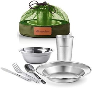 Unique Complete Messware Kit Polished Stainless Steel Dishes Set| Tableware| Dinnerware| Camping| Includes - Cups | Plates| Bowls| Cutlery| Comes in Mesh Bags