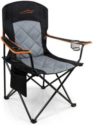 Oversized Fully Padded Camping Chair, Heavy Duty Quad Fold Chair Arm Chair Support 350 LBS with Cup Holder, Collapsible Lumbar Back Chair Portable for Outdoor, Black