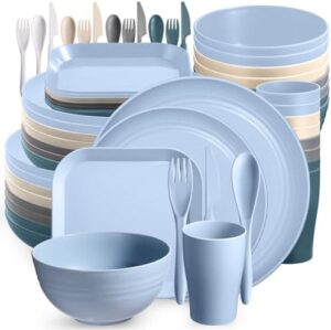 64 Pcs Wheat Straw Dinnerware Sets Unbreakable Plastic Plates Lightweight Bowls Dishes Cups Cutlery Dishwasher Microwave Safe for Camping Picnic Kid Adult (Classic Colors)