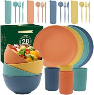 28 Piece Wheat Straw Dinnerware Sets,Dishwasher & Microwave Safe Plates and Bowls Sets - Unbreakable Plastic Dinnerware Sets for 4 Dinner Plates, Cups, Cereal Bowls - Colorful Series