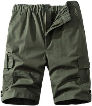 Mens Cargo Shorts Elastic Waist Cotton Shorts Relaxed Fit Casual Outdoor Hiking Shorts with Multi Pockets