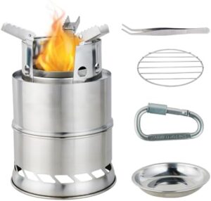 Mini Portable Wood Burning Stove with BBQ Grill,Camping Hiking Stove,Foldable Stainless Steel Backpacking Stove,Solid Alcohol Survival Stove for Camping Hiking Picnic Outdoor