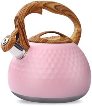 Whistling Kettle for Stove Top, 2.7 Qt / 3 L Stainless Steel Teapot Teakettle with Smooth Wood Pattern Handle for Hiking Picnic, Teapot for Coffee, Tea, Milk, Kitchen Accessories (pink)