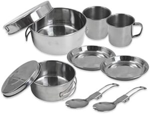 10Pcs Stainless Steel Camping Cookware Mess Kit, Camping Cook Pot with Folding Handle, Backpacking Mess Kit, Hiking Camping Cooking Set with Cups, Pots, Dishes, Spoons, Pans