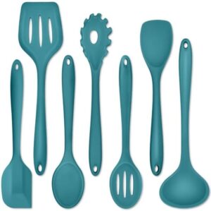 Silicone Blue Kitchen Utensils Set of 7, P&P CHEF Heat-poof Cooking Cook Utensil for Home Kitchen Camping, Smooth Head to Protect Coated Cookwares, Slotted Turner, Soup Ladle, Spatula, Spoon