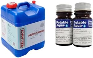 Reliance Products Aqua-Tainer 7 Gallon Rigid Water Container, Blue & Potable Aqua Water Purification Tablets, Portable and Effective Water Purification Solution