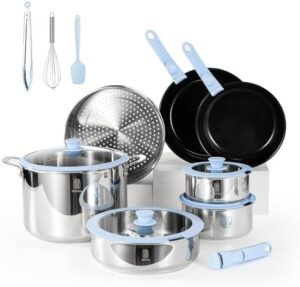 ROYDX Non Stick Healthy Ceramic Cookware Set,Large Stockpot with Steamer,Stainless Steel Pot Set with Detachable Handles, PFOA,PFAS Free for All Stoves,Family Party,Space Saving,Induction Oven Safe