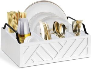 Paper Plate Dispenser, Paper Plate Holder for Kitchen Counter, Wood Rustic Silverware Utensil Caddy, Cutlery Flatware Organizer Box for Cups Spoons Forks Plates Napkins, Kitchen Accessories (White)