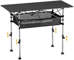 Camping Table with Adjustable Height, Outdoor Folding Camping Table with Mesh Layer and Large Storage Bag, Protable Aluminum Folding Table for Camping, Beach, Picnic, Party, BBQ