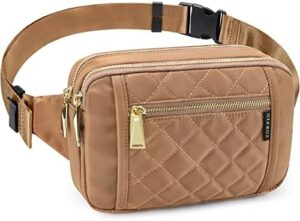 ZORFIN Fanny Packs for Women Men, Quilted Belt Bag with 5 Zipper Pockets, Fashion Waist Pack Crossbody Bag with Adjustable Belt for Travel/Shopping/Hiking/Running/Cycling (Quilted Brown)