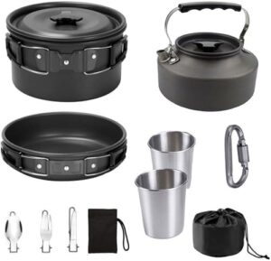 Camping Cookware Set Lightweight Portable Pot Pan Kettle Cups Spoon Fork Cutter with Carry Bag for Camping, Backpacking, Outdoor Cooking and Picnic