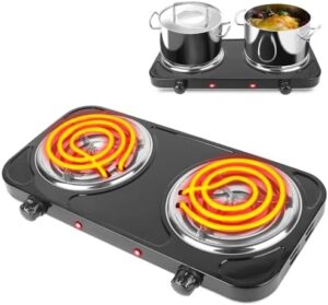 Hot Plate, 2000W Portable Electric Stove for Cooking with 5 Levels Adjustable Temperature & Dual Control, Countertop Double Coil Burner Cast Iron Cooktop for All Cookwares Home Camp RV (Black)