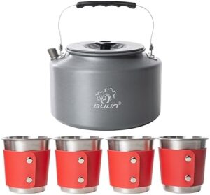 Bulin 2.2L Camping Kettle Set with 4 Cups Lightweight Aluminum Camp Tea Coffee Pot with 4 Stainless Steel Cups for Outdoor Camping Cookware Hiking Backpacking Kitchen Campfire and Picnic, Carrying Bag