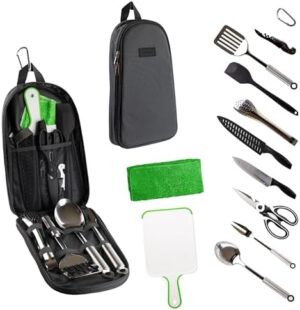 Camp Cooking Utensil Set & Outdoor Kitchen Gear Cookware Kit, Portable Compact Carry Case for Camping, Hiking, Travel, BBQ Grilling Stainless Steel Accessories Spoon & Fork