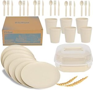 Wheat Straw Dinnerware Sets for 6, 31 Piece Unbreakable Outdoor Cutlery Set. Reusable plates and cups set for camping, picnics, RV trips, and party grills.(Beige)