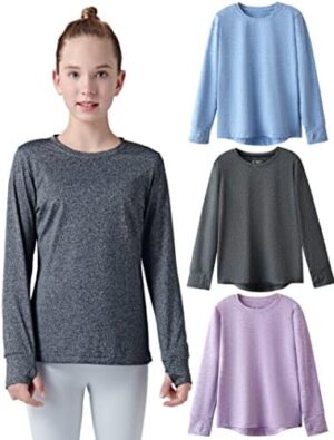 3 Pack: Youth Girls Long Sleeve Shirts Active Dry Fit Athletic Performance Clothes Kids Teens Sports Tees with Thumbholes