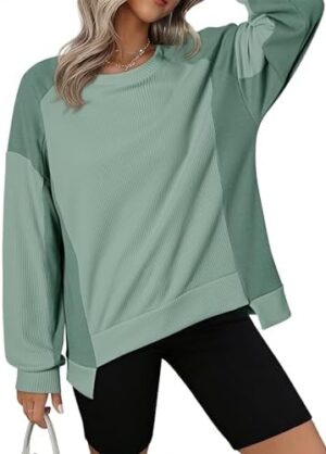 Dokotoo Oversized Sweatshirt for Women Waffle Knit Color Block Crewneck Long Sleeve Casual High Low Pullover Sweatshirts Tops