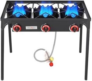 Vivicreate 3 Burner High pressure Propane Stove, 28 Inch Tall Camping Stove with cast iron burner 105000 BTU power, Stable Legs for Outdoor Use