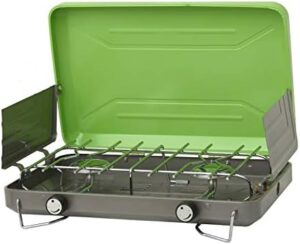 Flame King VT-101 2-Burner Portable Camping Stove Grill, Great for Outdoor Cooking, Backpacking, Compatible with 1LB Propane Gas Bottle