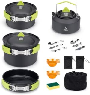 Alocs Camping Cookware, Non-Stick Large Camping Cooking Set with Kettle, Camp Kitchen Camper Must Haves for Outdoor Camping Hiking Picnic