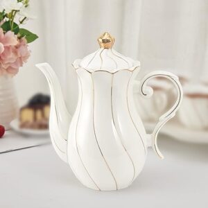 DUJUST British Style Porcelain Teapot (40oz), Luxury Ceramic Teapot with Golden Trim, Food Grade Teapot with Built-in Filter, Beautiful Teapot for Tea Party & Home Décor-White