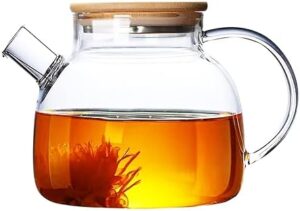 Glass Teapot, Stovetop & Microwave Safe Glass Borosilicate Teapot, Glass Teapot with Strainer, Glass Kettle with Wooden Lid, Loose Leaf and Fruit Tea and Fragrant Tea, 34oz/1000ml (Wooden Lid)