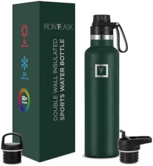 IRON °FLASK Sports Water Bottle - 3 Lids (Narrow Spout Lid) Leak Proof Vacuum Insulated Stainless Steel - Hot & Cold Double Walled Camping & Hiking Hydration Canteens - Dark Pine, 24 Oz