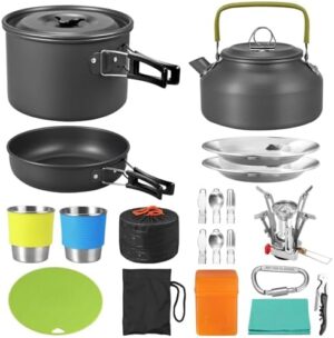 21pcs Camping Cookware Mess Kit for 2 people, Camping Pots and Pans Set with Mini Stove Stainless Steel Utensils, Lightweight, camp cooking set for Camping, Backpacking, Outdoor Cooking