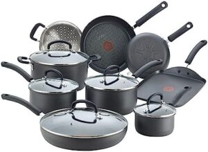 T-fal Ultimate Hard Anodized Nonstick Cookware Set 14 Piece, Oven Broiler Safe 400F, Lid Safe 350F, Kitchen Cooking Set w/ Fry Pans, Saucepans, Griddle, Dutch Oven, Pots & Pans, Dishwasher Safe, Black