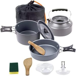 Outdoor Camping Cookware Set with Pot Pan and Kettle，Camping Cookware Mess Kit Portable Hiking Backpacking Cooking Pot Set Survival Cooking Gear Lightweight Cookware