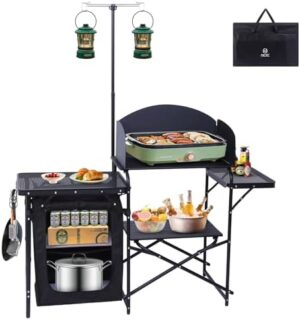 Nice C Camping Kitchen Station, Camping Table, Picnic Table, Grill Table, Folding Table, Upgrade Light Stand and Windshield Cooking Station, Organizer, Carry Bag for Beach, Picnic