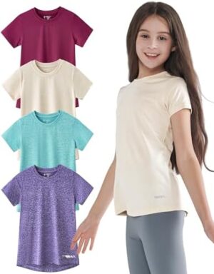 4 Pack: Youth Girls Athletic Shirts, Short Sleeve Dry Fit Apparel Tech Tshirts, Sports Activewear for Kids Teens