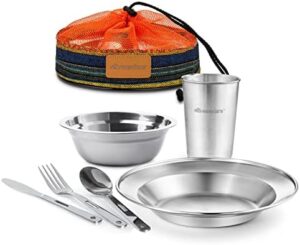 Unique Complete Messware Kit Polished Stainless Steel Dishes Set| Tableware| Dinnerware| Camping| Includes - Cups | Plates| Bowls| Cutlery| Comes in Mesh Bags