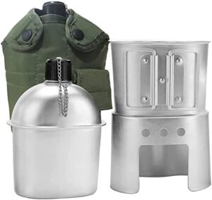 Aluminum Water Canteen Cup Stove Pouch Set Portable Military Canteen with Cup for Outdoor Camping Survival Nature Experience Hiking Backpacking