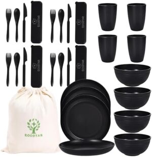 ECOSTAR Wheat Straw Dinnerware Sets - 28-Piece Unbreakable Dinnerware Set, Microwave and Dishwasher Safe - Utensil Sets, Plate and Bowl Sets for Party, Picnic, Camping, Dorm (Black)