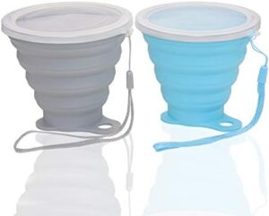 Silicone Collapsible Cups for Camping Travel, Small Portable Drinking Cup with Lids Reusable for Outdoor Hiking 270ml (Blue & Gray, 2Pack)