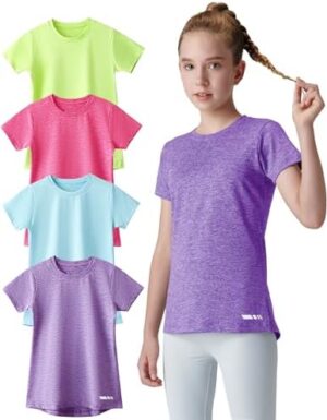 4 Pack: Youth Girls Athletic Shirts, Short Sleeve Dry Fit Apparel Tech Tshirts, Sports Activewear for Kids Teens