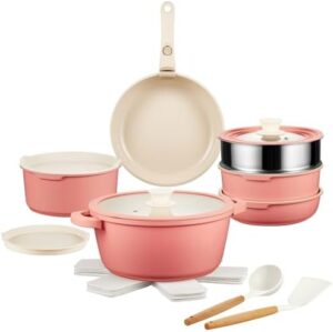 IKTU Ceramic Pots and Pans Set Non Stick Pink, 20 Pcs Nonstick Cookware Set with Detachable Handle RV Camping Induction Kitchen Cookware Set Non Stick, PFAS PFOA & PTFE Free