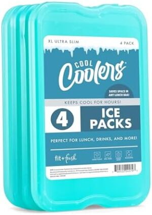 Cool Coolers by Fit & Fresh 4 Pack XL Slim Ice Packs, Quick Freeze Space Saving Reusable Ice Packs for Lunch Boxes or Coolers, Green