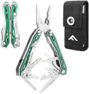 FLISSA Multi Tool Pliers, Green 16 in 1 Stainless Steel Multipurpose tool with Tactical Multitool Knife, Screwdrivers, Saw, Bottle Opener and Durable Sheath, Essential Gear for Outdoor Adventures