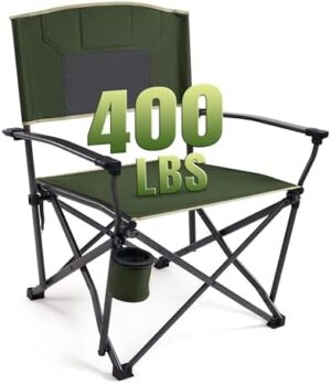 Oversized Folding Camping Chairs, Heavy Duty Camping Chair for Adults Steel Frame Support 400 LBS, Metal Arm Lawn Chairs with Rotatable Cup Holder, Hollow Back, Portable Outdoor Chairs, Green