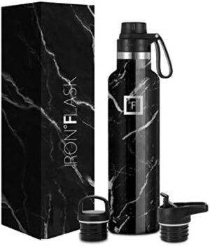 IRON °FLASK Sports Water Bottle - 3 Lids (Narrow Spout Lid) Leak Proof Vacuum Insulated Stainless Steel - Hot & Cold Double Walled Camping & Hiking Hydration Canteens - Black Marquina, 24 Oz